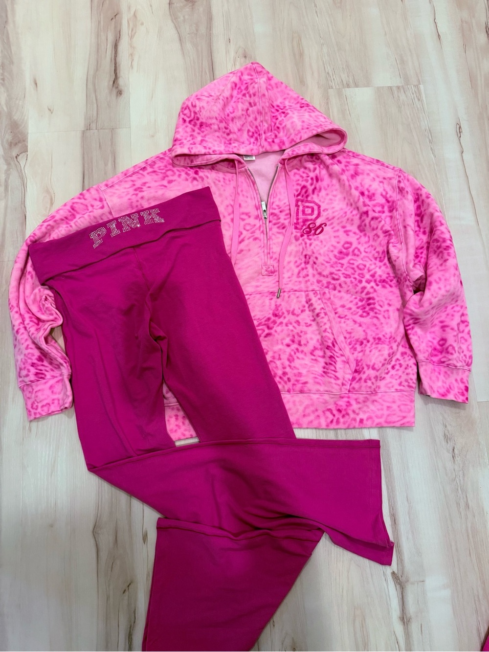 PINK Victoria's Secret Pink Leopard Half-Zip Hoodie & Magenta Leggings Set